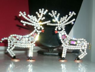 2x Vintage Glass Rhinestone Stand Up Christmas Reindeer Signed N29