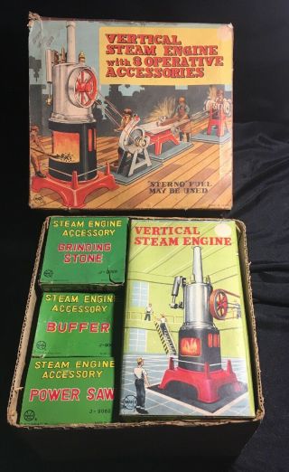 Vintage Marx Vertical Steam Engine W/ 3 Accessories & Boxs