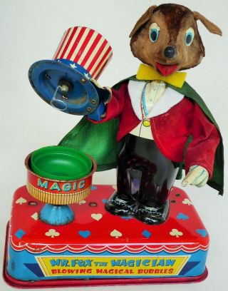 Mr.  Fox The Magician Blowing Magical Bubbles Tin Litho Battery Operated Yonezawa