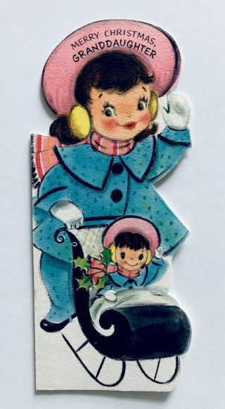 Vintage Hallmark Die Cut Christmas Card Pretty Girl Pink Scarf Sled Doll