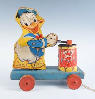 Vintage Fisher Price Wooden Walt Disney Donald Duck Drummer 454 Pull Toy