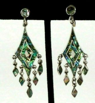 Vintage Taxco Mexico Sterling Silver Abalone Mosaic Inlaid Dangle Earrings 