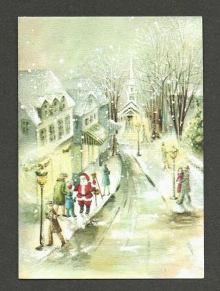 Street Scene Santa Ringing Bell Shoppers Church Snow Vtg Gibson Christmas Card