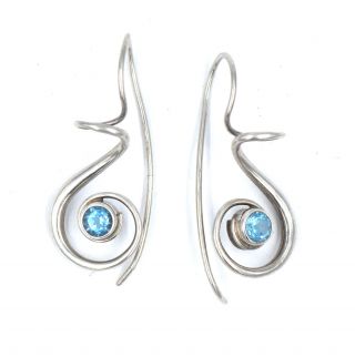 Modernist Designer Ed Levin Scroll Blue Spinel Earrings Sterling Silver Signed