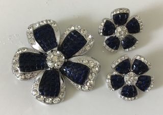 Vintage Signed Avon Cobalt Blue Rhinestone Flower Broach / Pin & Earrings Set