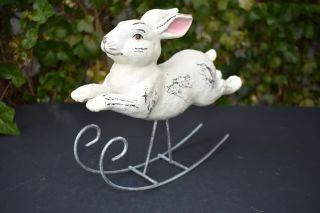 Rocking Rabbit On Sleigh Bunny White Primitive Detail 9 " H X 10 " L