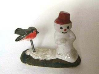 Old Snowman Red Top Hat Broom With Robin Christmas Decoration Figure Germany