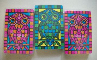 3 Vintage Stardust Playing Cards Decks Colorful Pink Owl Green Owl