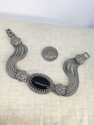 Vintage Heavy Sterling Silver Marcasite Onyx Multi Wheat Chain Bracelet 4 - 27
