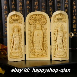 Chinese Box - Wood Hand Carved Shakyamuni Buddha Kwan - Yin Three Opening Box Statue