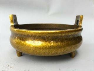 4 " Chinese Antique Bronze Brass Mark Double Ear Three Footed Incense Burner