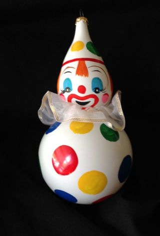 Vintage Hand Painted Clown W/ Polka Dots Christmas Ornament Figural Glass Italy