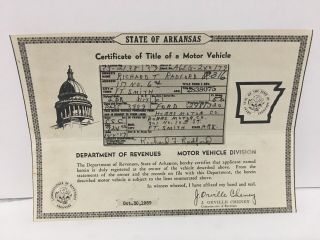Vintage 1950 Ford 2 Door Coupe Arkansas Car Title Historical Document