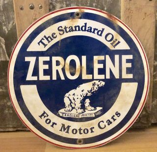 Rare Scarce Old Standard Zerolene Motor Oil Gas Station Rusty Porcelain Sign 9”