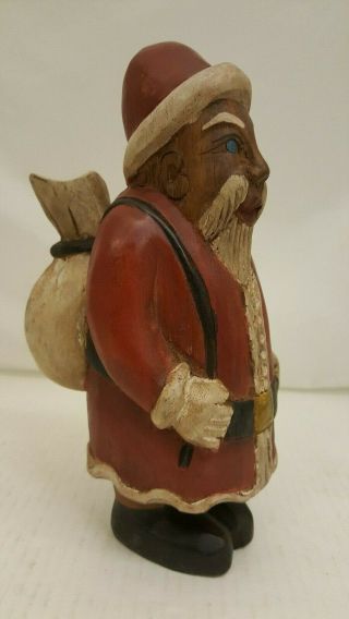 Vintage Carved Wood African American Black Santa Figure Toy Bag Blue Eyes 10 "