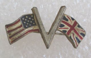 Vintage Ww2 Era V For Victory Lapel Pin W/ Us & British Flags