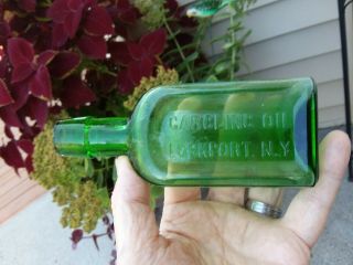 Grass Green Gargling Oil Lockport,  N.  Y.  Blown Patent Medicine Bottle 5 3/4 " Tall
