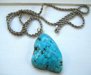 Vintage Large 2 " Turquoise Nugget Polished Necklace In Sterling Setting 48 G