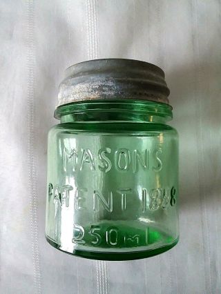 Masons Patent 1858 1/2 Pint Green Midget Mason Jar Atlas Zinc Lid