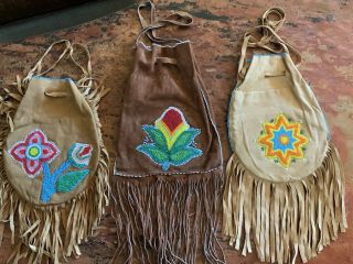 3 Vintage Native American Beaded Leather Bags