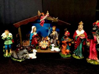 Vintage Japan Paper Mache Nativity Set 13 Pc.  Light Up.  Music Box