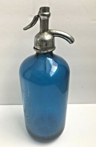 Vintage Blue Glass Seltzer Bottle L& M Beer Dist.  College Point Czechoslovakia