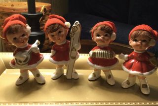 Vintage Napcoware Christmas Pixie Elves Figurines W/ Hair & Cloth Hats Set Of 4