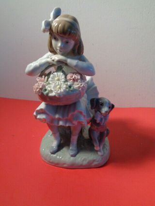 Lladro 1088 Girl W/ Basket Of Flowers & A Dog Figurine Made In Spain (8 By 5 ")