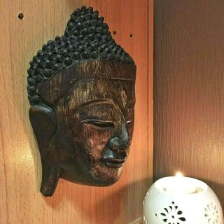 Vintage Large Wood Carved Buddha Face Mask Wall Sculpture Home Decor Old Ancient