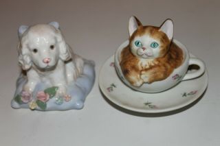 2 Music Boxes Soft And Sweet Snuggles Dog And Mann Teacup Cat Kitten