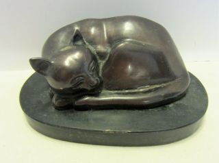 Vintage Bronze - Finish Sleeping Metal Cat On Wooden Base