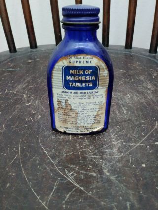 Vintage Milk Of Magnesia Cobalt Blue Glass Advertising Bottle
