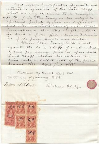 Deacon Richard Clapp 1868 Montague Massachusetts Bond,  Us Rev Stamps