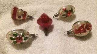 Vtg Antique German Feather Tree Xmas Ornaments Embossed Mini Glass Flower Roses