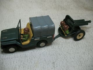 Vintage Japanese Tin Litho Military Jeep & Cannon Friction Toy - Includes Soldiers