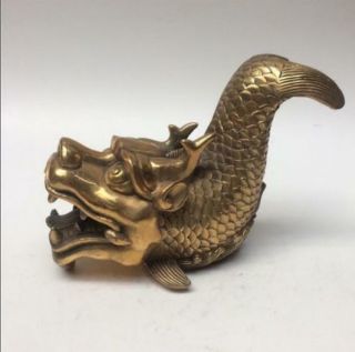Antique china Perfect brass hand made fengshui lucky dragon fish statue 2