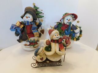 Grandeur Noel 2002 Fabric Mache Snowman Family Set Collector 