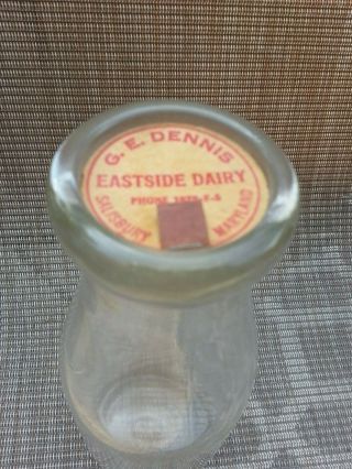 Vintage G.  E.  Dennis Eastside Dairy Salisbury Maryland Embossed Milk Bottle With T