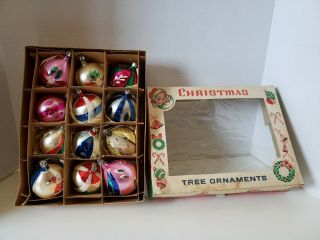 12 Vtg Poland Christmas Tree Glass Ornaments Round/teardrop Mica Box