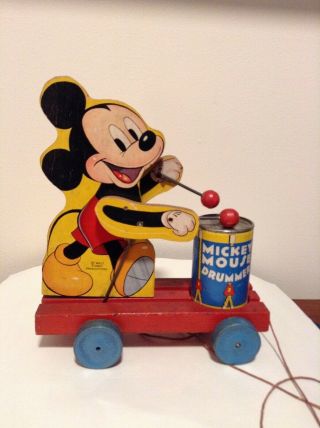 Vintage Mickey Mouse Fisher - Price Pull Toy W/drum.  1940 