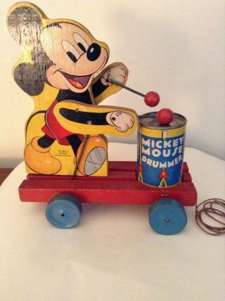 Vintage Mickey Mouse fisher - price pull toy w/Drum.  1940 ' s shape 2
