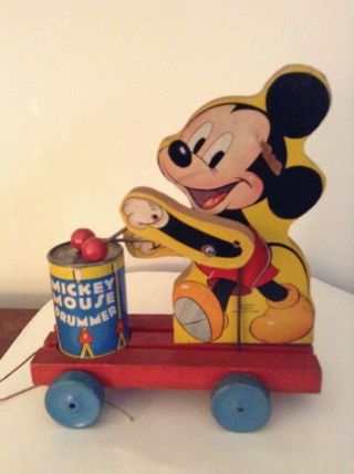 Vintage Mickey Mouse fisher - price pull toy w/Drum.  1940 ' s shape 3