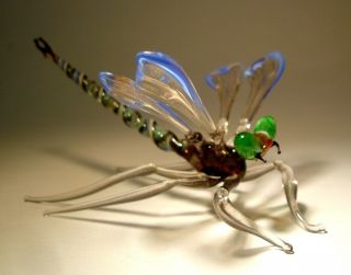 Blown Glass " Murano " Figurine Gorgeous Blue & Clear Dragonfly With Green Eyes