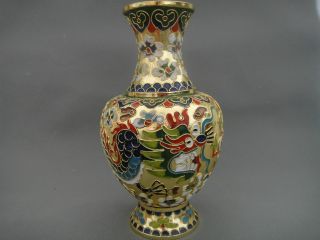 Chinese Pure Handwork Dragon Phoenix Flower Old Brass Cloisonne Vase