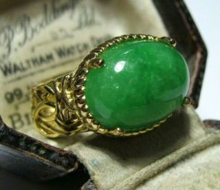Large Gorgeous Sterling Silver Apple Green Jade Stone Statement Ring Size P 7.  5