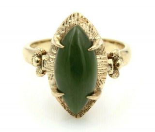 Vintage 14k Yellow Gold And Dark Green Marquise Jade Floral Ring Size 6 703b - 10