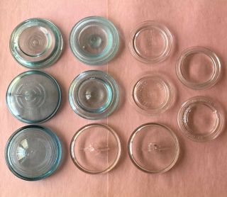 11 Vintage Glass Canning Jar Lids Inserts Jeanette Atlas Ball Presto Gem Etc