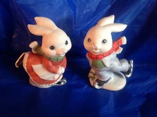 Homco Christmas Figurines Bunny Rabbits Girl And Boy Ice Skating Set Of Two