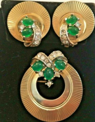 Vtg Marcel Boucher Demi - Parure Brooch Clip Earrings Emerald Green Cabs R/stones