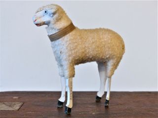 Antique Lg 3.  5 " German Christmas Putz Wooly Nativity Sheep Stick Leg 2